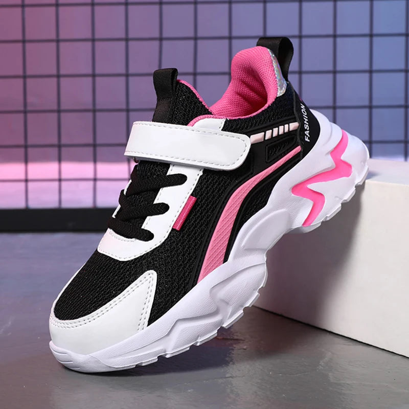 Kids athletic sneakers with breathable mesh upper and flexible outsole