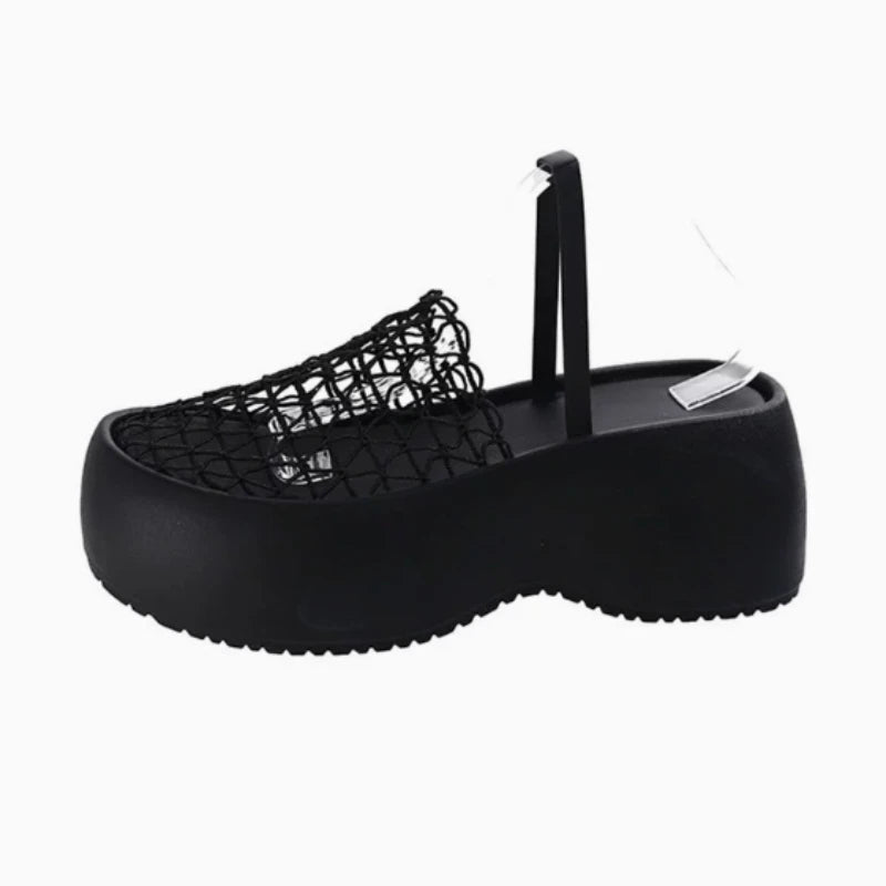 Stylish women's black wedge sandals featuring breathable mesh upper design