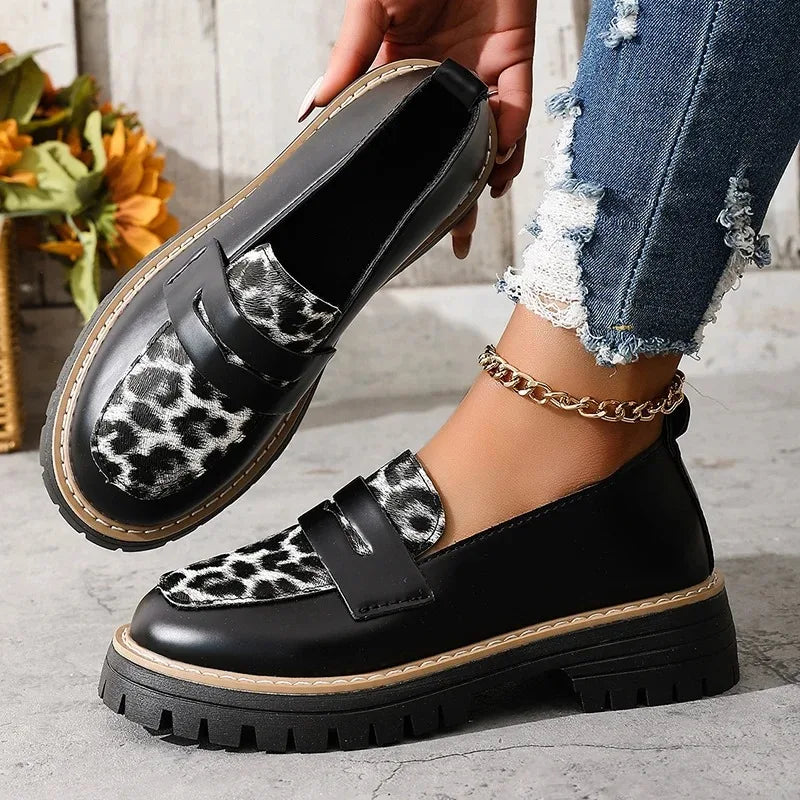 Women’s trendy loafers with leopard print finish and slip-on convenience